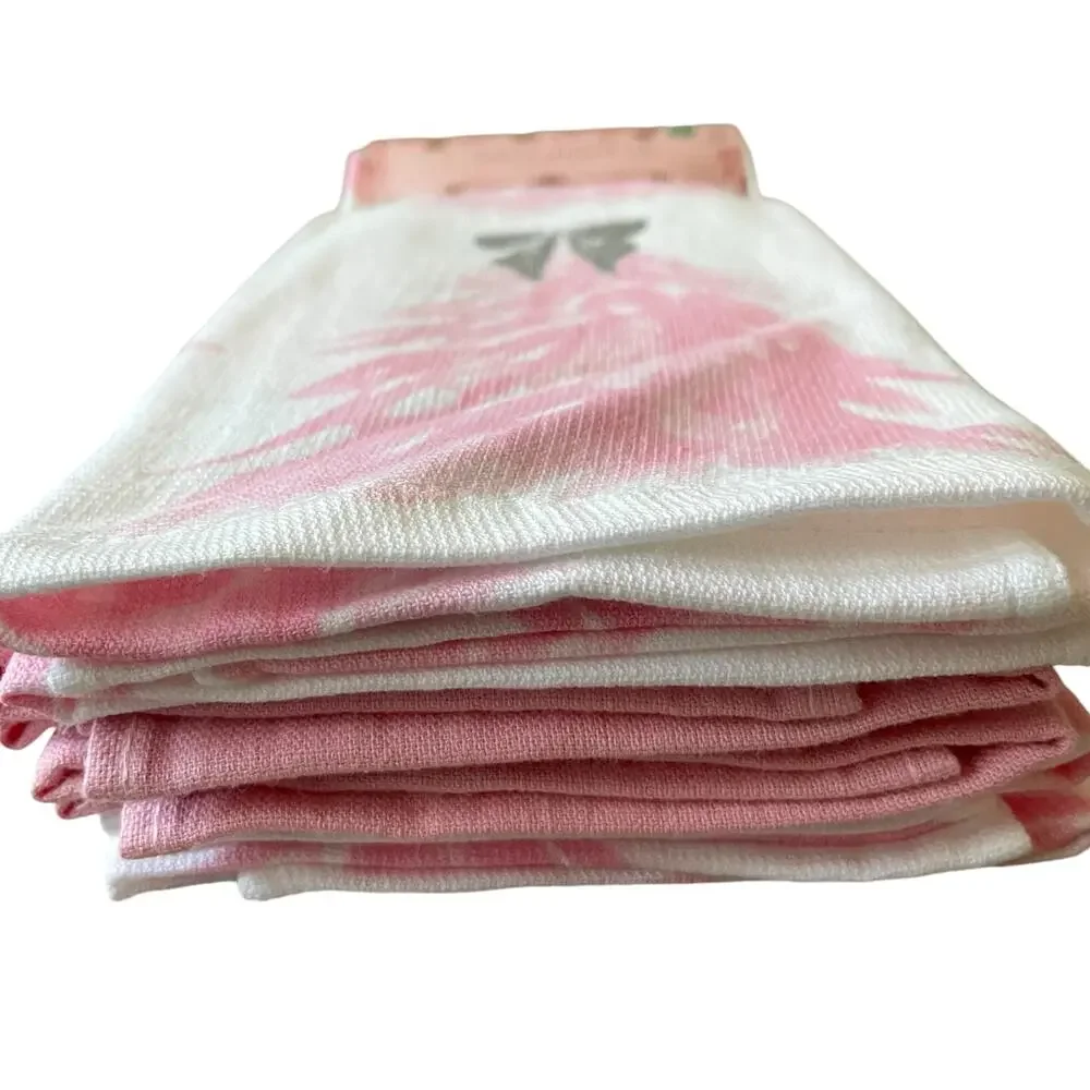 Pink Christmas Tree Kitchen Towels w/ Silver Glitter Bow Set of 4 Holiday GLA6
